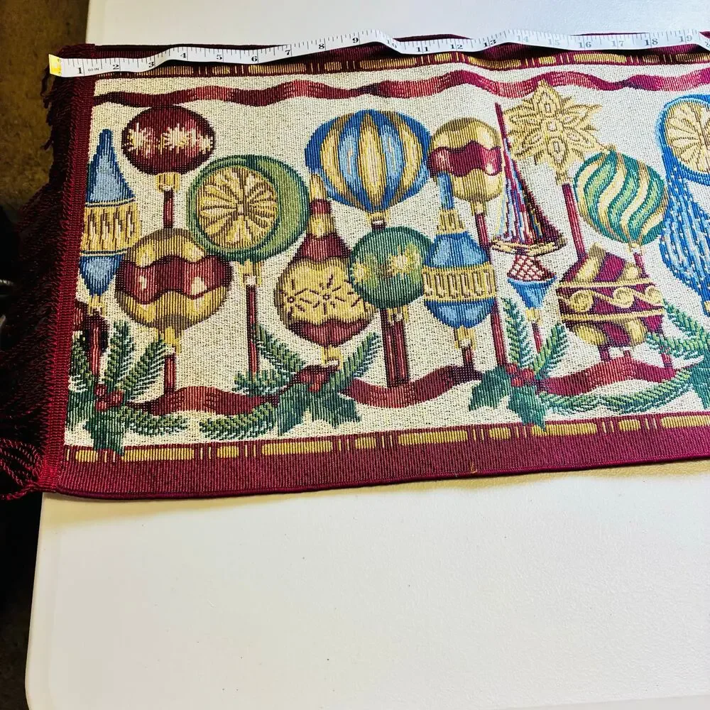 Vintage Christmas Tapestry Table Runner Holiday Ornament Garland Fringe 50
